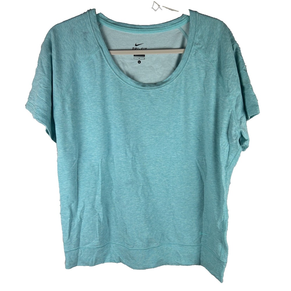 Women's Nike T-shirt Large Short Sleeve Sweatshirt Heather Blue‎ Green Knit